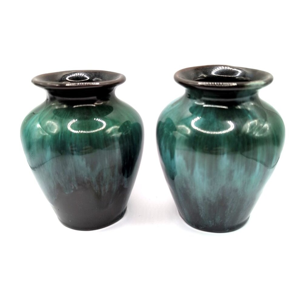 Set of 2 Vtg Blue Mountain Pottery Vases 4x3.5" Retro Drip Glaze Unmarked VGC